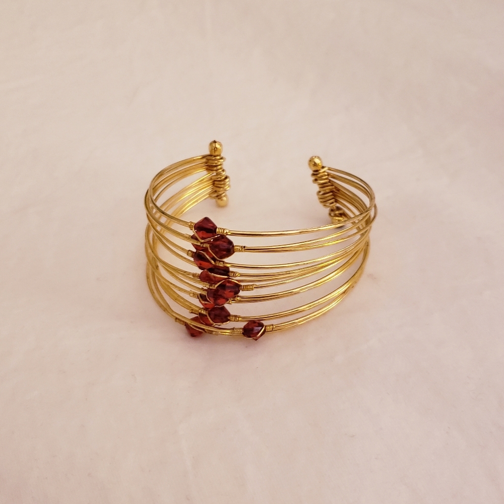 Gold-tone Cuff Bracelet with Red Beading